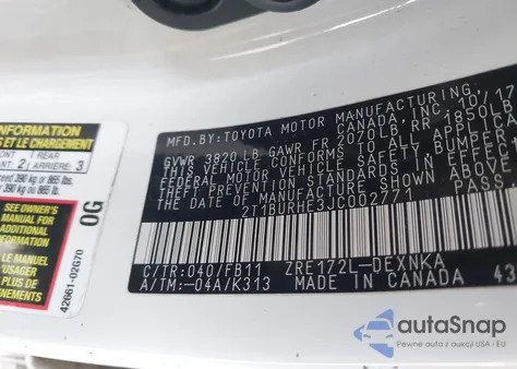 2018 Toyota Corolla Le z USA, uszkodzony, nr VIN 2T1BURHE3JC002771